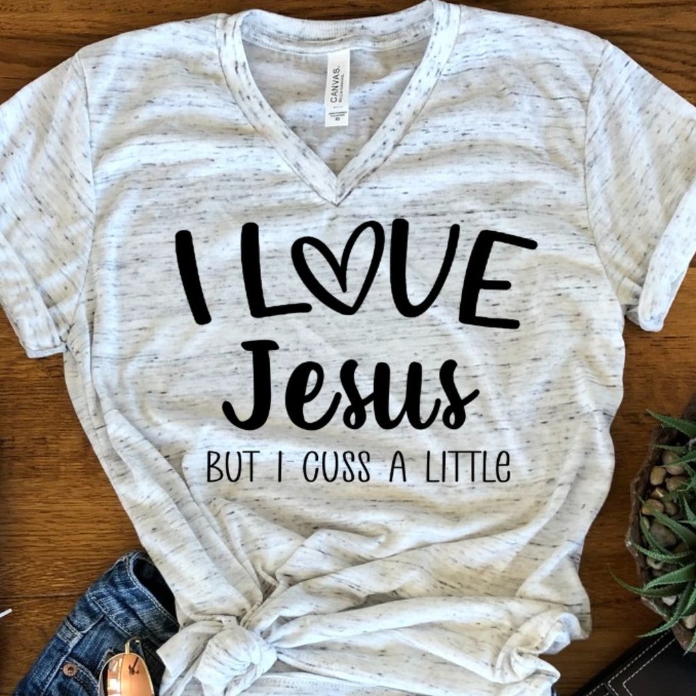 New Love Jesus But Cuss Little L Large Marble White Bella Unisex V Neck T-shirt